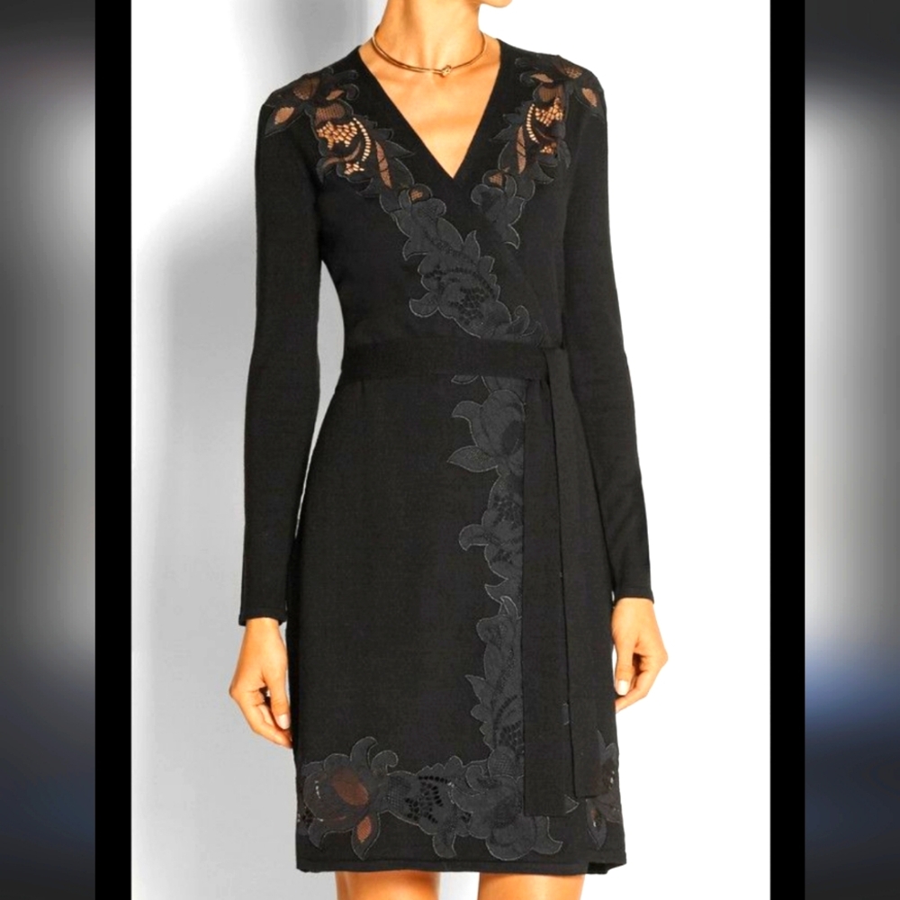 Diane von Furstenberg Black Wool & Lace Inset Leandra Wrap Dress